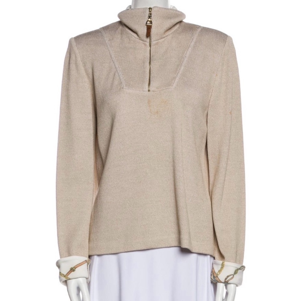 St. John Sport Beige Neutral w Patterned Design on Collar & Sleeves Top - Size M